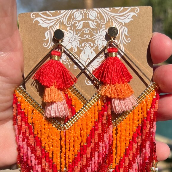 Handmade Beaded Long Tassel Fringe Dangle Drop Bohemian Post Diamond Earrings - Picture 4 of 9